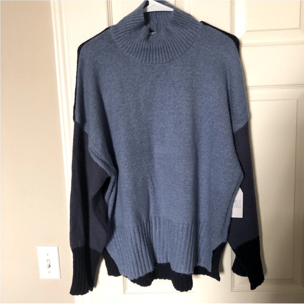 NEW Time And True Blue, Color Block, Mock Neck Sweater Pullover